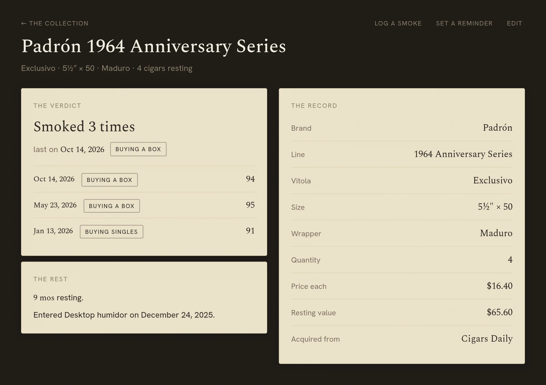A cigar’s page: smoked three times, each with its date, verdict and score, beside the cigar’s record