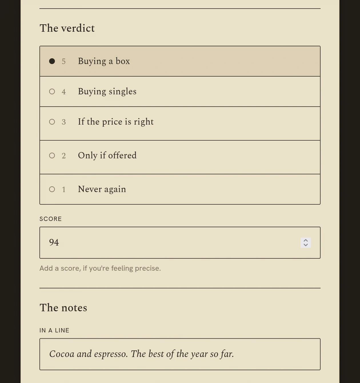 Logging a smoke: the five-rung verdict ladder with Buying a box chosen, a score of 94 and a line of notes