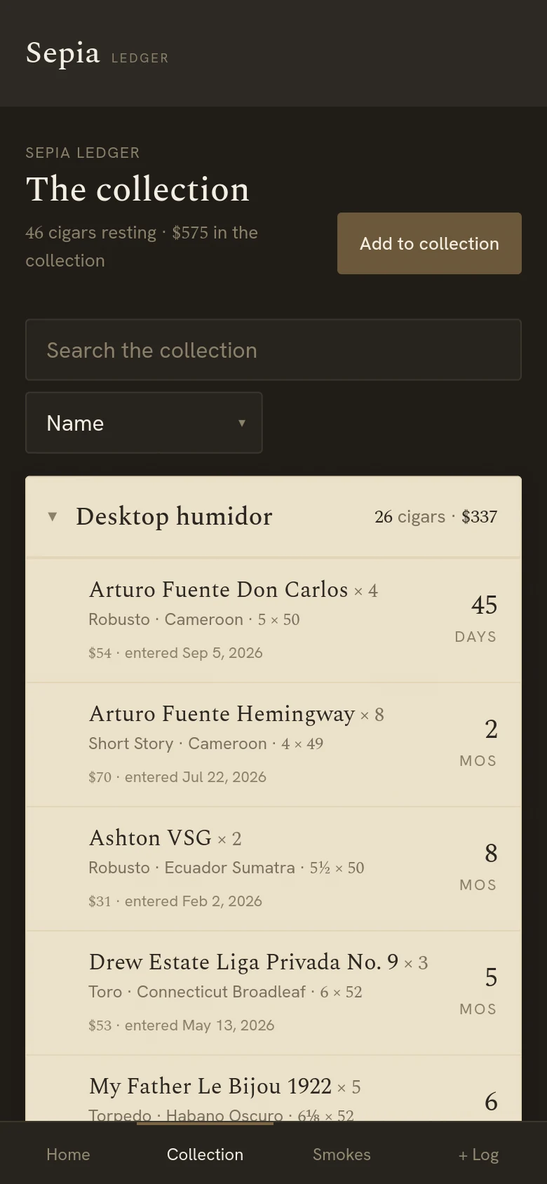 The collection on a phone, a humidor’s cigars listed with their sizes and rest