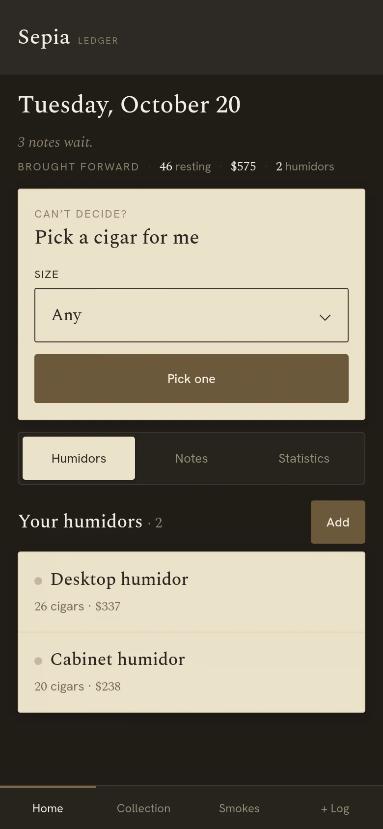 Home on a phone: today’s date, a cigar picked for tonight and the humidors
